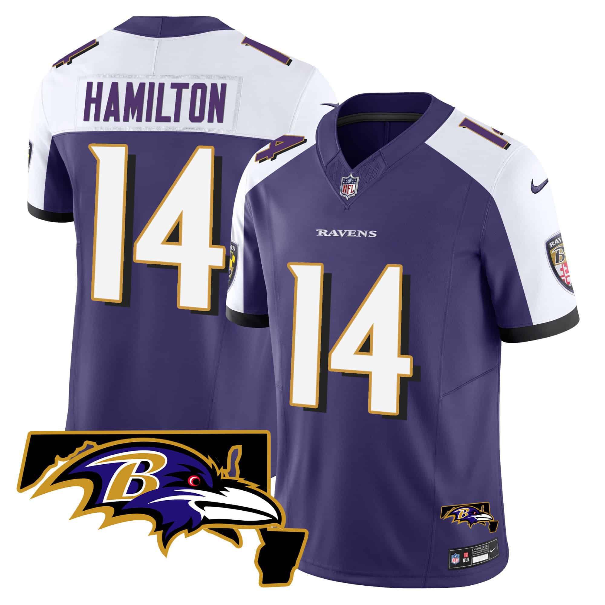 Men Baltimore Ravens #14 Hamilton Purple 2024 Nike Maryland Patch Vapor Limited NFL Jersey